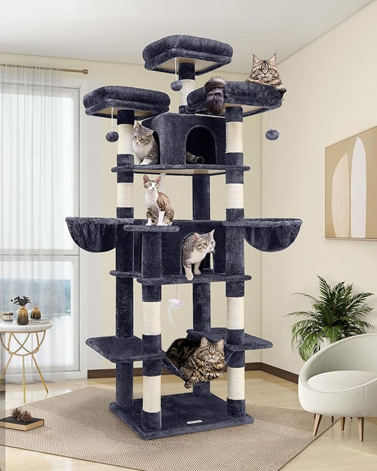 Globlazer Big Cat Tower for Indoor Cats, 80inch Cat Tower for Multiple Adult Cats XXL Cat Tree with Scratching Post, Hammock, 3 Perches, 2 Condos, 2 Hanging Basket, F80, Dark Grey