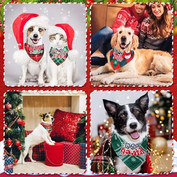 Preboun 200 Pcs Christmas Plaid Dog Bandanas Bulk Dog Holiday Scarf Bibs Puppy Bandanas Adjustable Washable Kerchief Pet Costume Accessories Grooming Supplies for Small to Medium Cats Dogs