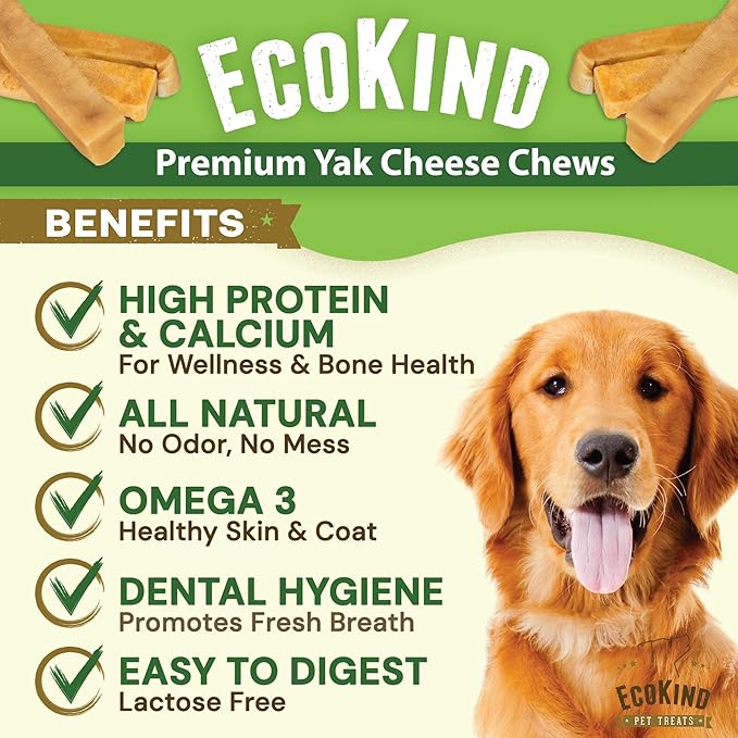 EcoKind Premium Gold Yak Cheese Himalayan Dog Chews, Healthy Dog Treats for Medium Dogs, All Natural, High Protein Dog Chew, Water Buffalo, Medium - 6 Chews