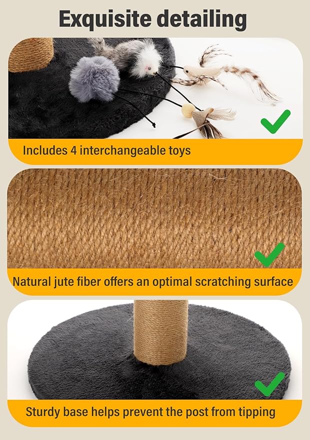 34inches Tall Cat Scratching Post with Plush Base Cat Scratcher for Indoor Cat with Natural Sisal Rope, Black Round Platform,Have 4 Replacement Pendant