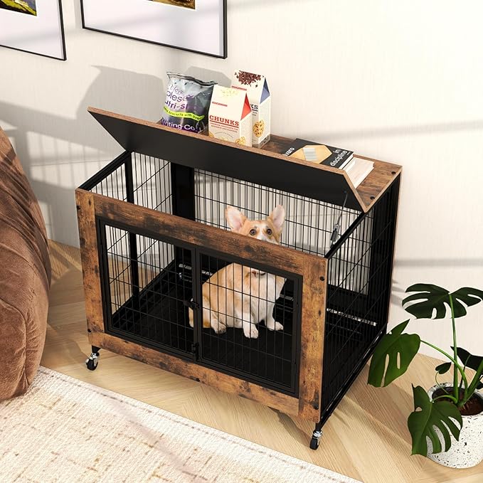 Giantex Dog Crate Furniture with Wheels, 38” Modern Dog Cage with 3 Doors, Flip Top Lid, Removable Pull-Out Tray, Decorative Dog Kennel Indoor Pet House End Table for Medium & Large Dogs (Brown)