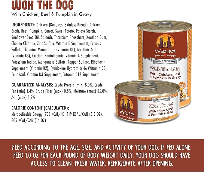 Weruva Classic Dog Food, Wok The Dog with Chicken Breast, Beef & Pumpkin in Gravy, 14oz Can (Pack of 12), Brown