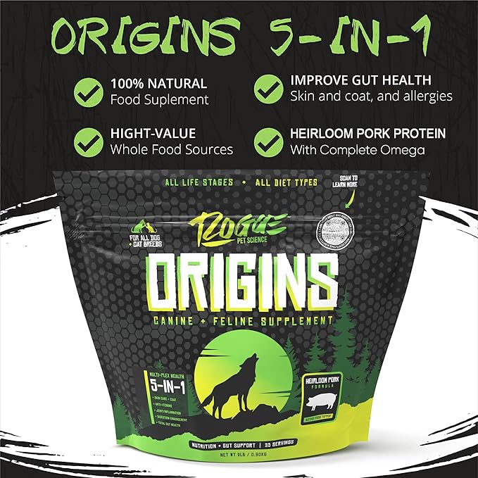 ROGUE PET SCIENCE Origins 5-in-1 Dog Supplement - Powdered Food Topper w/Natural Heirloom Pork Protein- Supports Healthy Digestion, Skin, and Coat - Helps Reduce Itching & Joint Inflammation (2 lbs)