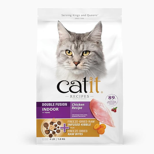 Catit Recipes Double Fusion Indoor Cat Food – Chicken Recipe, High-Protein, Freeze-Dried Raw Toppings, No by-Products, Minimally Processed, Balanced Nutrition for Indoor Cats, 4 lb
