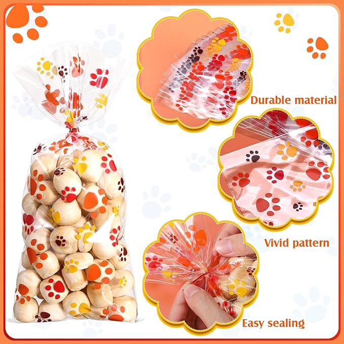 Blulu 100 Pieces Dog Treat Bags Puppy Party Favor Pet Paw Cone Cellophane Bags Candy Heat SealableDog Paw Gift with 100 Pieces Silver Twist Ties for Pet Cat Treat Party Favor(Orange, Brown, Yellow)