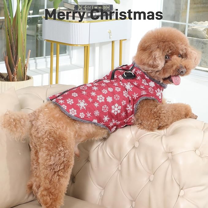 Warm Fleece Dog Coats with Durable Harness Buitl in D-Ring,Waterproof Doggie Jacket for Medium Dogs,Dog Vest for Cold Winter,Red,Snow Pattern L