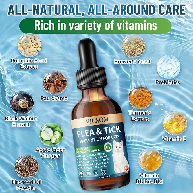 VICSOM Cat & Dog Flea Prevention Bundle: Natural 3-in-1 Herbal Drops for Sensitive Pets - Salmon (Cat) + Chicken (Dog) Flavor | Seasonal Support, Digestive Health & Skin Care