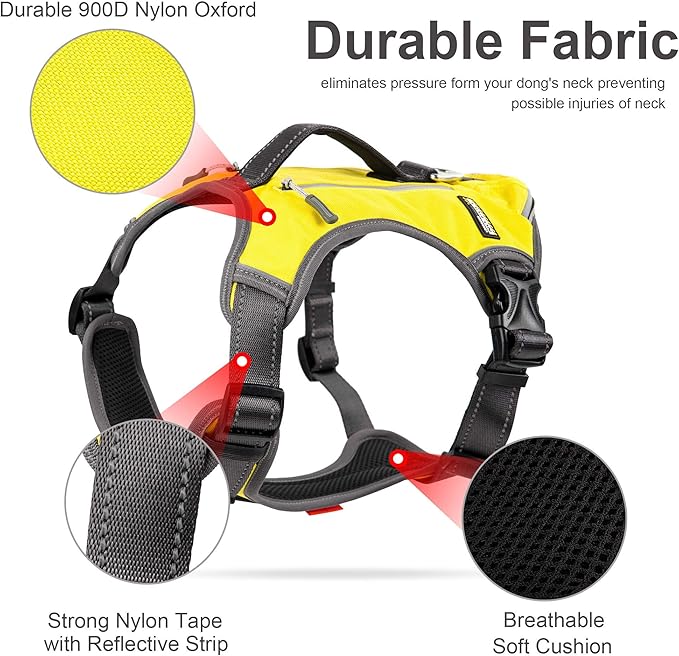 Fida Dog Harness, Multi-Functional No-Pull Pet Vest Harness with Saddle Bags Backpack, Front Leash Clip, Adjustable Soft Padded Reflective No-Choke Dog Vest Heavy Duty for X-Large Dog, XL,Yellow