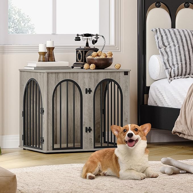 26.8'' Wooden Dog Crate Furniture, Indoor Dog Kennel Dogs Cage for Small Dogs, Heavy Duty Dog Crates Decorative Pet House End Side Table TV Stand, Greige DFC85505B