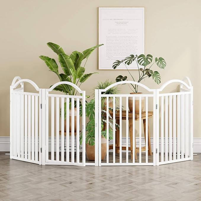 UDD Dog Gate Indoor 144" Extra Wide, 32" Tall Foldable Pet Gate with Door for Stairs Doorways Hallways Porch, Freestanding No Drilling Metal Pet Fence for Dogs Puppy, White 6-Panel