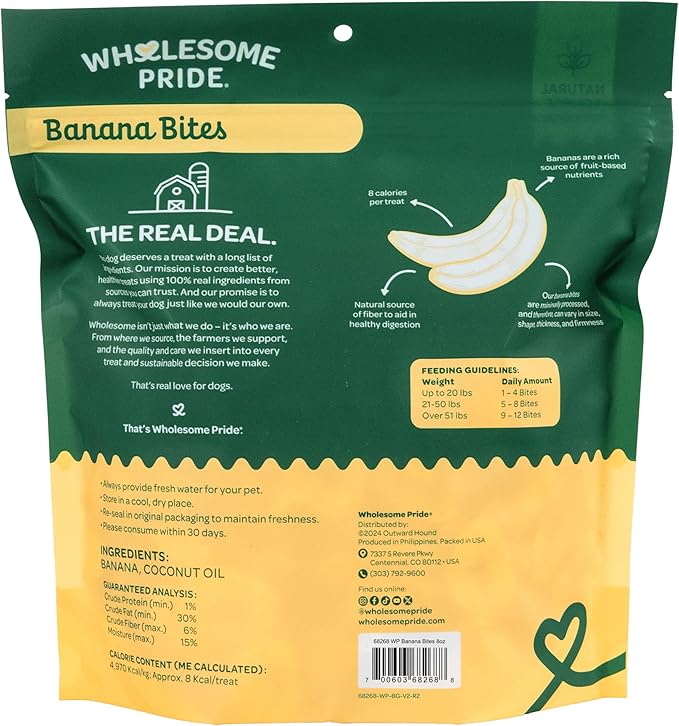 Wholesome Pride Banana Bites Dog Treats, 2 Ingredients – Bananas & Coconut Oil, Grain-Free, 8 oz