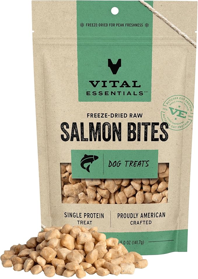 Vital Essentials Salmon Bites Dog Treats, 5 oz | Freeze-Dried Raw | Single Protein | Premium Quality High Protein Training Treats | Grain Free, Gluten Free, Filler Free