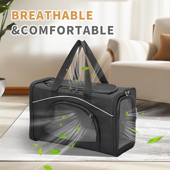 Petsfit Airline Approved Pet Carrier for Small Cats, 15x8x10 TSA Approved Carrier, with Removable Dual-Sided Padding (2-Way Placement) - Fits Under Most Airplane Seats, Escape Proof (Black)