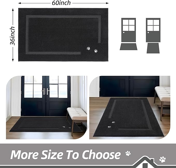 BEQHAUSE Dog Door Mat for Muddy Paws 36"x60" Dirt Trapper Absorbent Doormat Non Slip Entryway Rugs Washable Stain Resistant Welcome Floor Mat Soft Low-Profile for Front Back Door, Black