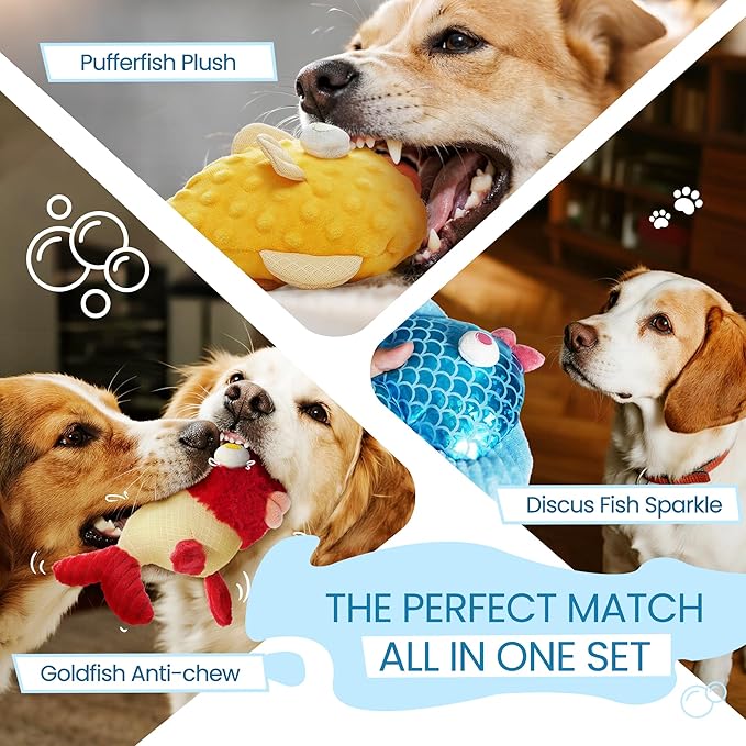 Nocciola Tough Dog Toys, Squeaky Dog Toys to Keep Dogs Busy with Two Resistant Layer & Crinkle Sound, Googly Eyed Fish Gang Puppy Teething Toys for Small, Medium, Large Breeds, 3 Pack