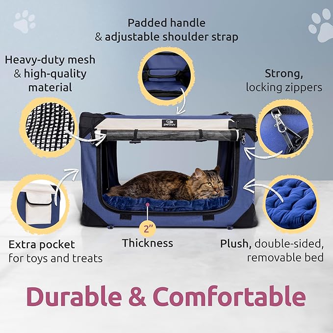 Soft-Sided Cat & Dog Pet Carrier, Large 24"x16"x16", Fits Large Cat, 2 Cats, or Medium Dog Comfortably, Great for Travel & Vet Visits, Privacy Windows, Removable Bed, Locking Zippers, Folds Flat