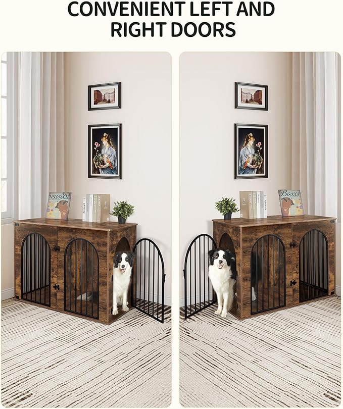 44.1" Wooden Dog Crate Furniture, Indoor Dog Kennel Dogs Cage for Small/Medium/Large Dogs, Heavy Duty Dog Crates Decorative Pet House End Side Table TV Stand, Rustic Brown DFC83901B