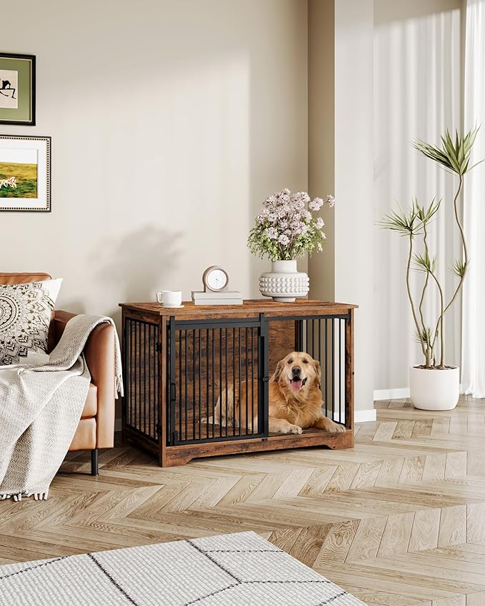 39.3" Dog Crate Furniture with Barn Door, Heavy Duty Dog Kennel Indoor with 2 Doors, Wooden Pet Cage End Table for Large Small Medium Dogs, Anti-Chew Anti-Escape, Rustic Brown DFC02301B