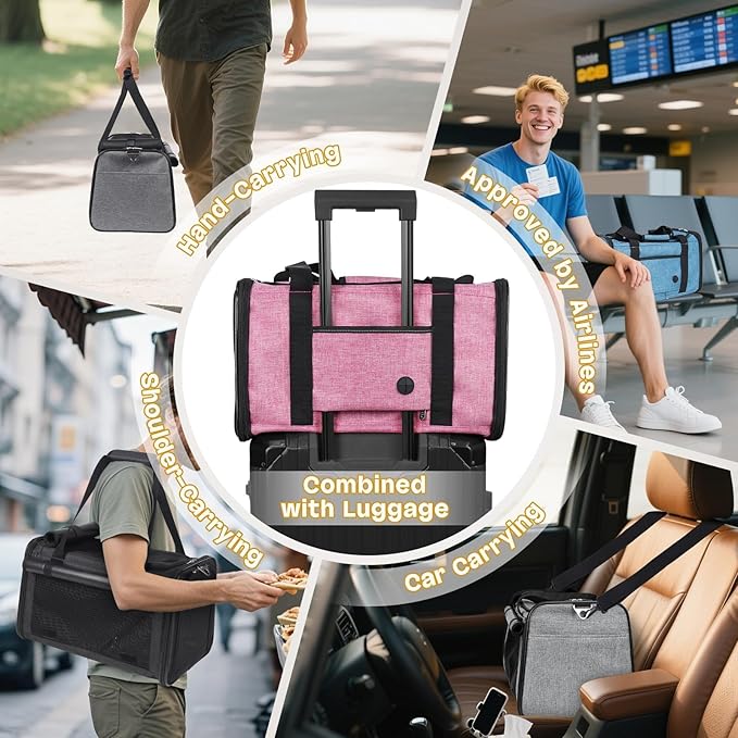 YUDODO 25 lbs Lightproof Soft Sided Pink Pet Carrier for Large Cat & Small Dog Airline Approved Travel Bag Puppy Carriers with Side Pockets & Reflective Mesh, Foldable Portable for Outdoor Car