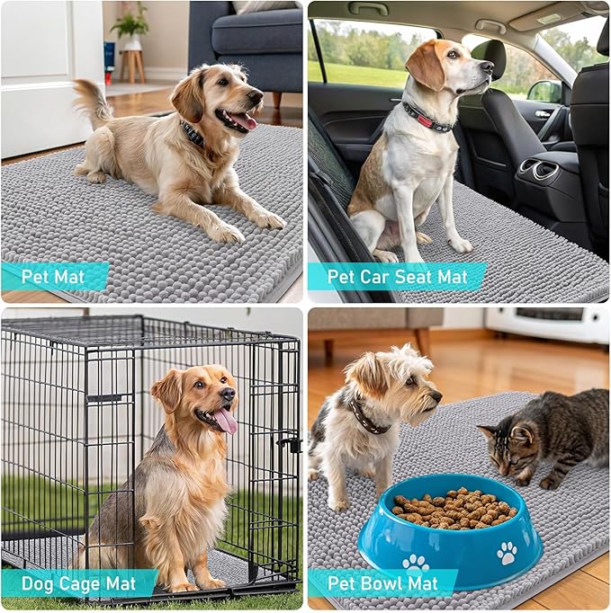 OLANLY Dog Door Mat for Muddy Paws 34x21, Absorbs Moisture and Dirt, Absorbent Non-Slip Washable Doormat, Quick Dry Chenille Mud Mat for Dogs, Entry Indoor Entryway Carpet for Inside Floor, Light Grey