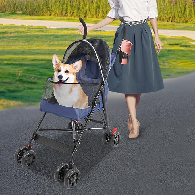 Pet Stroller, Foldable Pet Stroller with Weather Cover, Dog Cat Strolling Cart with 360° Wheels & Brakes for Small and Medium-Sized Dogs or Cats (Blue)
