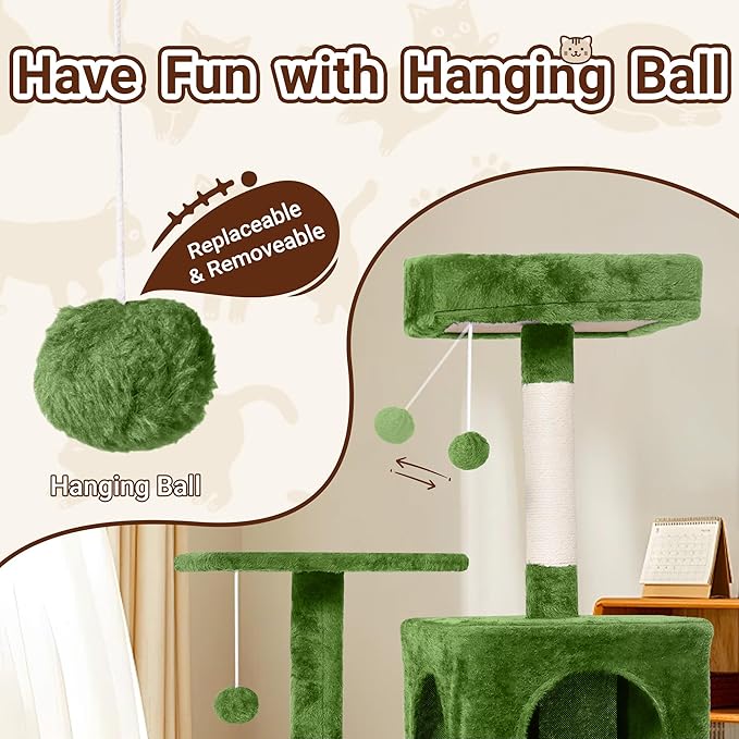 Cat Tree, 54-Inch Cat Tower for Indoor Cats,Plush Multi-Level Cat Condo with Scratching Posts, Basket, Perches,2 Caves,2 Pompoms(Green)