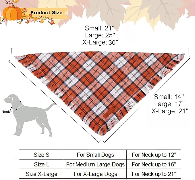 ADOGGYGO Fall Dog Bandanas with Tassels Edges, Orange Brown Plaid Scarf Bib, Multi Size, Fall Thanksgiving Halloween Bandanas for Extra Large Dogs (X-Large)