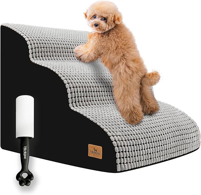 Dog Stairs for Small Dogs, 15.8 in H 3 Step Curved Dog Ramp for High Bed and Couch, Foam Dog Ramp with Durable Non-Slip Waterproof Fabric Cover, Pet Stairs for Pets Joints, Light Grey