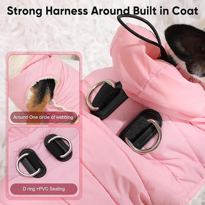 Fleece Lining Dog Hoodie with Harness Built in,Extra Warm Large Dog Jacket in Winter Doggie Coats with Drawstring Hooded,Light Pink XXL