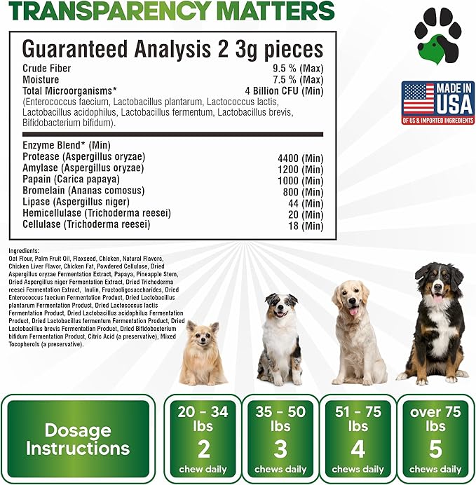 Probiotics for Dogs – Digestive Health Chews with Prebiotics & Enzymes | Dog Probiotic Supplement for Gut, Diarrhea Relief, Gas & Allergy Support – Chicken Flavor Soft Chews