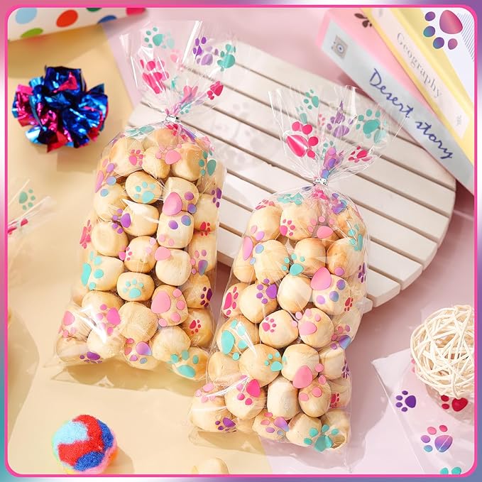 Blulu 100 Pieces Dog Treat Bags Puppy Party Favor Pet Paw Cone Cellophane Bags Candy Heat SealableDog Paw Gift with 100 Pieces Silver Twist Ties for Pet Cat Treat Party Favor(Pink and Purple)