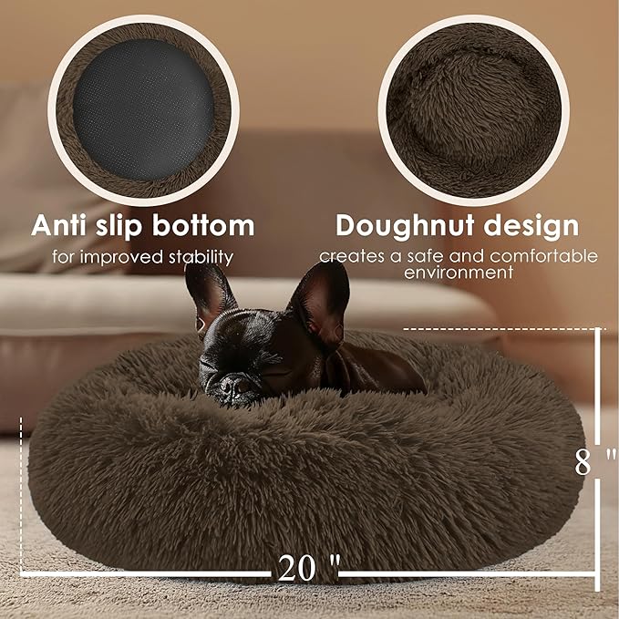 Hoewina Dog & Cat Bed, 20in Cat Beds for Indoor Cats, Calming Donut Bed for Puppy and Kitten, Washable Round Fluffy Pet Bed for Small Medium Dogs and Cats (Coffee)