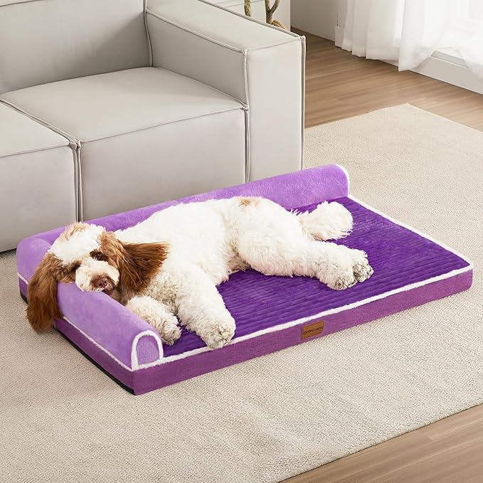 Patas Lague Orthopedic XL Dog Bed Large Sized Dog 48''X30'', Waterproof Comfortable L Bolster Big Extra Large Non-Slip Soft Warm Pet Crate Bed Sleep Sofa mat with Removable Washable Cover, Purple