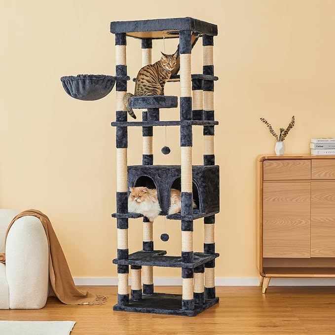 MWPO 74.8 inches Large Cat Tree with Sisal-Covered Scratching Posts & Condo, Tall Cat Tower Entertainment Playground Furniture for Cats & Kittens - Multiple Colors-Smoky Gray