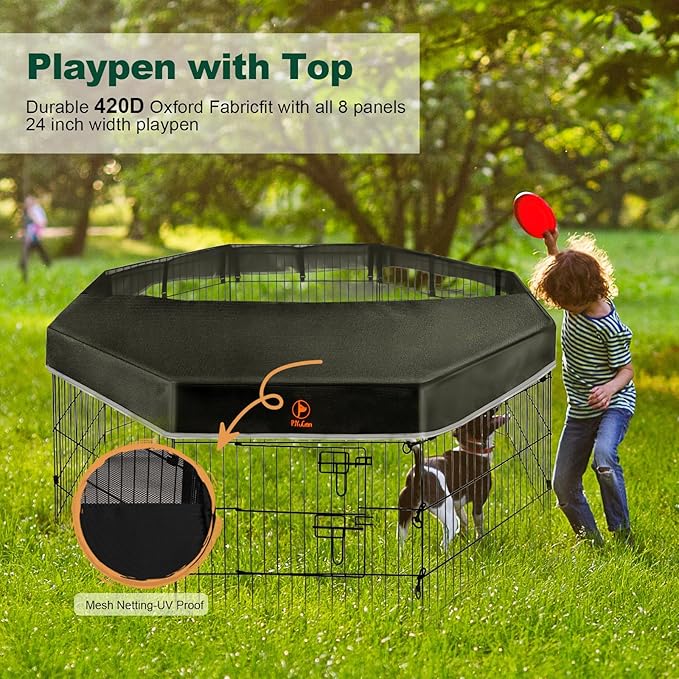 PJYuCien Dog Playpen - 8 Panels 42 inchH Metal Foldable Exercise Pen, Pet Fence Puppy Crate Kennel Indoor Outdoor with Top Cover & Bottom Pad for Medium Large Pets Black…