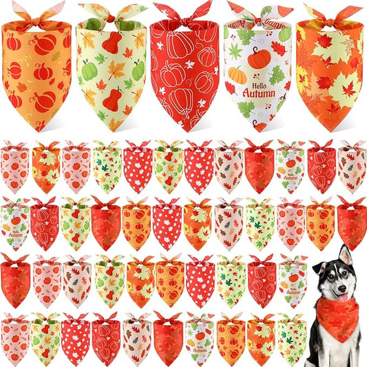Weewooday 50 Pcs Thanksgiving Fall Dog Bandanas Bulk Pumpkin Maple Leaves Autumn Bandanas for Bibs Adjustable Scarf for Small Medium Large Pets Cats Costume(Leaves Pattern, 31.5 x 21.7 X21.7 Inch)