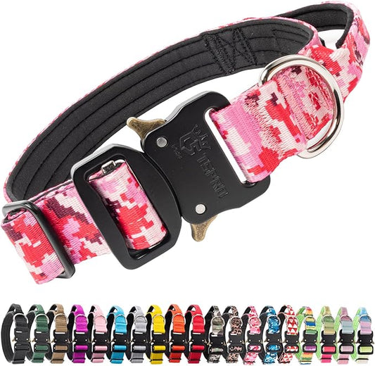 TSPRO Premium Dog Collars Tactical Dog Collar with Handle and Heavy Duty Quick-Release Metal Buckle Durable Thick and Adjustable for Medium to Large Dogs (Camo Pink M)