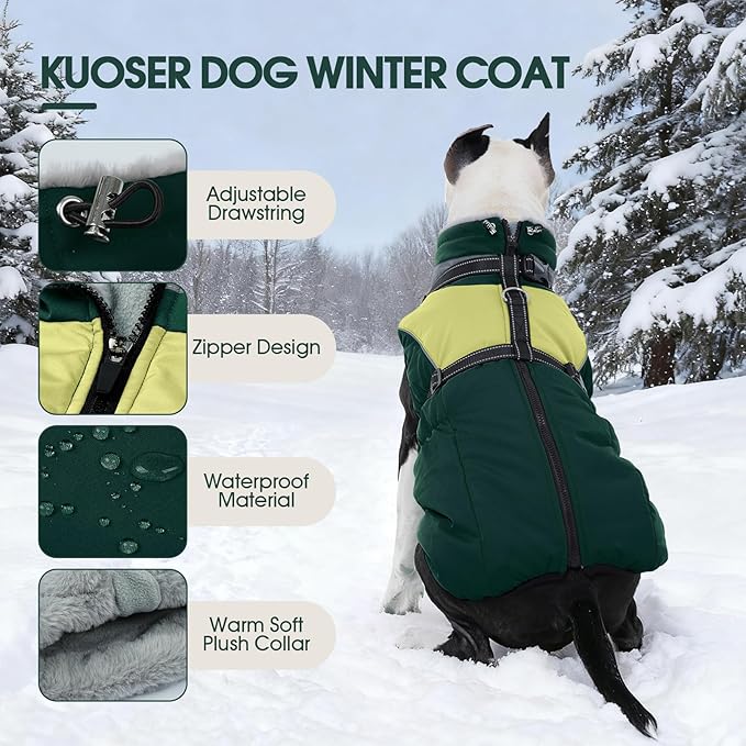 Kuoser Dog Coat, 2 in 1 Dog Jacket with Harness Built in, Winter Waterproof Puppy Puffer Jacket Snowsuit for Small Medium Large Dogs, Cold Weather Reflective Pet Fleece Vest with Zipper