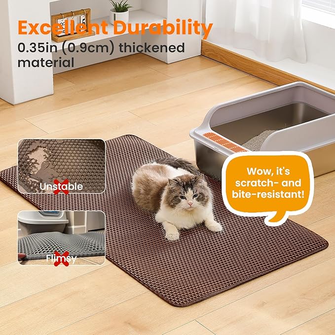 Jumbo Cat Litter Mat, 46x26 Inches Double Layer Honeycomb Litter Trapping Mat, Non Slip Waterproof Urine Proof Extra Large Cat Litter Box Mat, Kitten Supplies and Essentials, XXL, Brown