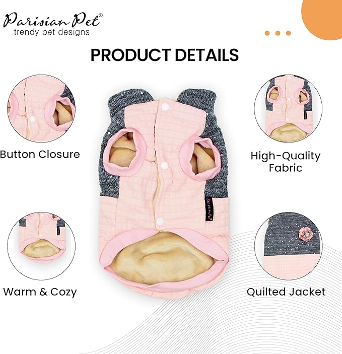 Parisian Pet Pink Winter Dog Coat Windproof Fleece Vest Fancy Quilted Jacket for Small Dogs