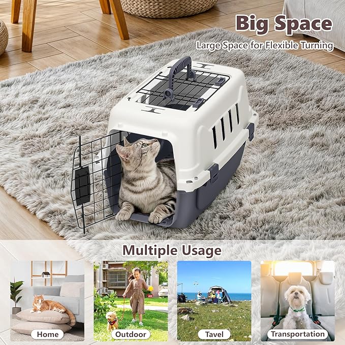 Athena Collection 18" Hard-Sided Travel Pet Carrier for Small Dogs and Cats, Plastic Dog Crate with 2-Door Top & Front Load & Ventilation & Security Lock, Cat Dog Carrier for Pet, up to 10lbs, Grey