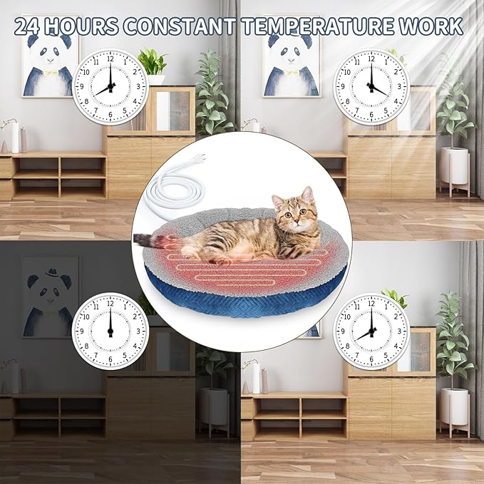 Heated Cat Beds for Indoor Cats Warming Cat Beds Super Soft Machine Washable Thermo Kitty Electric Heating Bed 19 Inches Round
