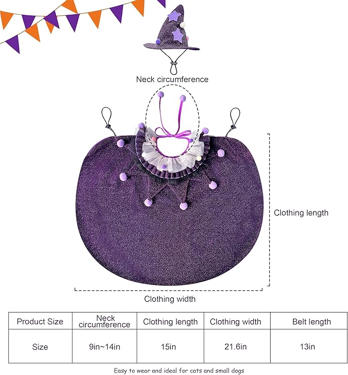 KOUPA Pet Halloween Costume with Hat, Dog Clothes Cosplay Wizard Cloak for Small Puppy Kitten Animal, Shiny Cat Outfit Suit for Party Holiday Christmas, Purple