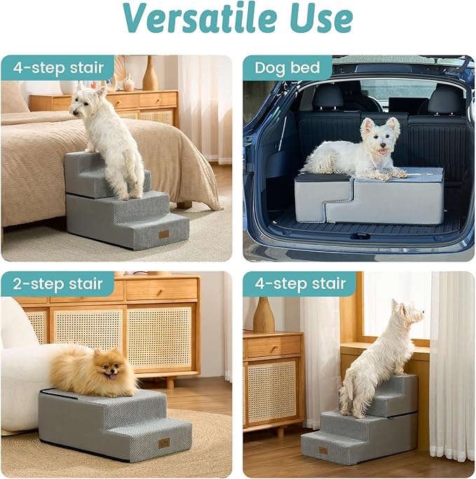 Dog Stairs for Small Dogs, 4 Tier Removable Pet Stairs for Couch and Bed, 17.7" H Dog Steps for Old Cats, Puppy, Small Dogs, 15.7x23.6x17.7 inch, Gray