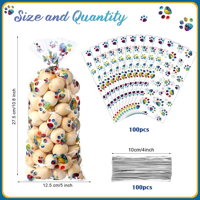 Blulu 100 Pieces Dog Treat Bags Puppy Party Favor Pet Paw Cone Cellophane Bags Candy Heat SealableDog Paw Gift with 100 Pieces Silver Twist Ties for Pet Cat Treat Party Favor(Rainbow Color)