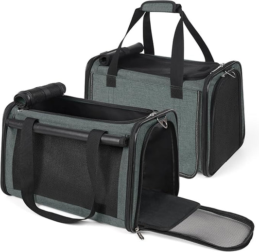 YUDODO 2 Packs 25 lbs Lightproof Soft Sided Pet Carrier for Large Cat & Small Dog Airline Approved Travel Bag Puppy Carriers with Side Pockets & Reflective Mesh, Foldable Portable for Car 2 Grey Green