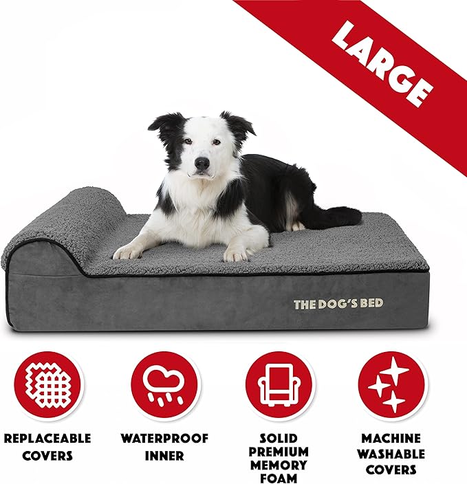 The Dog’s Bed Orthopedic Headrest Dog Bed Large Grey Plush, Memory Foam, Pain Relief for Arthritis, Hip & Elbow Dysplasia, Post Surgery, Lameness, Waterproof Washable Cover