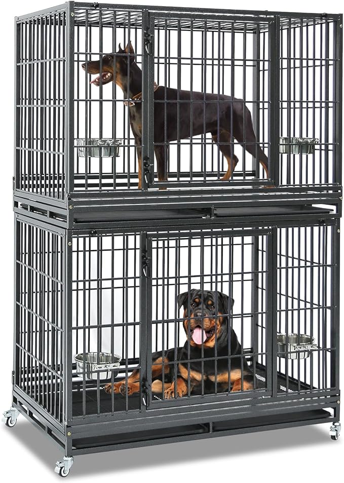 Homey Pet 48 Inch Heavy Duty Indestructible Dog Crate, Stackable Escape Proof Dog Cage Kennel Indoor with Two Trays, Metal Grids, Wheels, Bowls, Double Doors for High Anxiety Large Dogs(2 Tiers)