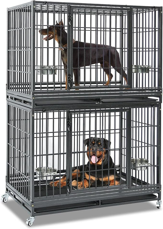 Homey Pet 48 Inch Heavy Duty Indestructible Dog Crate, Stackable Escape Proof Dog Cage Kennel Indoor with Two Trays, Metal Grids, Wheels, Bowls, Double Doors for High Anxiety Large Dogs(2 Tiers)