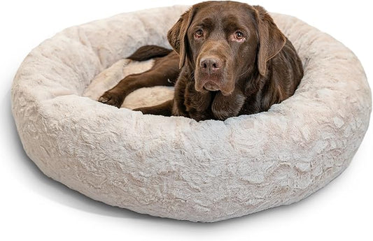 Best Friends by Sheri Original Calming Donut Dog and Cat Bed, Lux Faux Fur, Oyster, (36in x 36in) - Anxiety Relief for Pets Up to 100 lbs